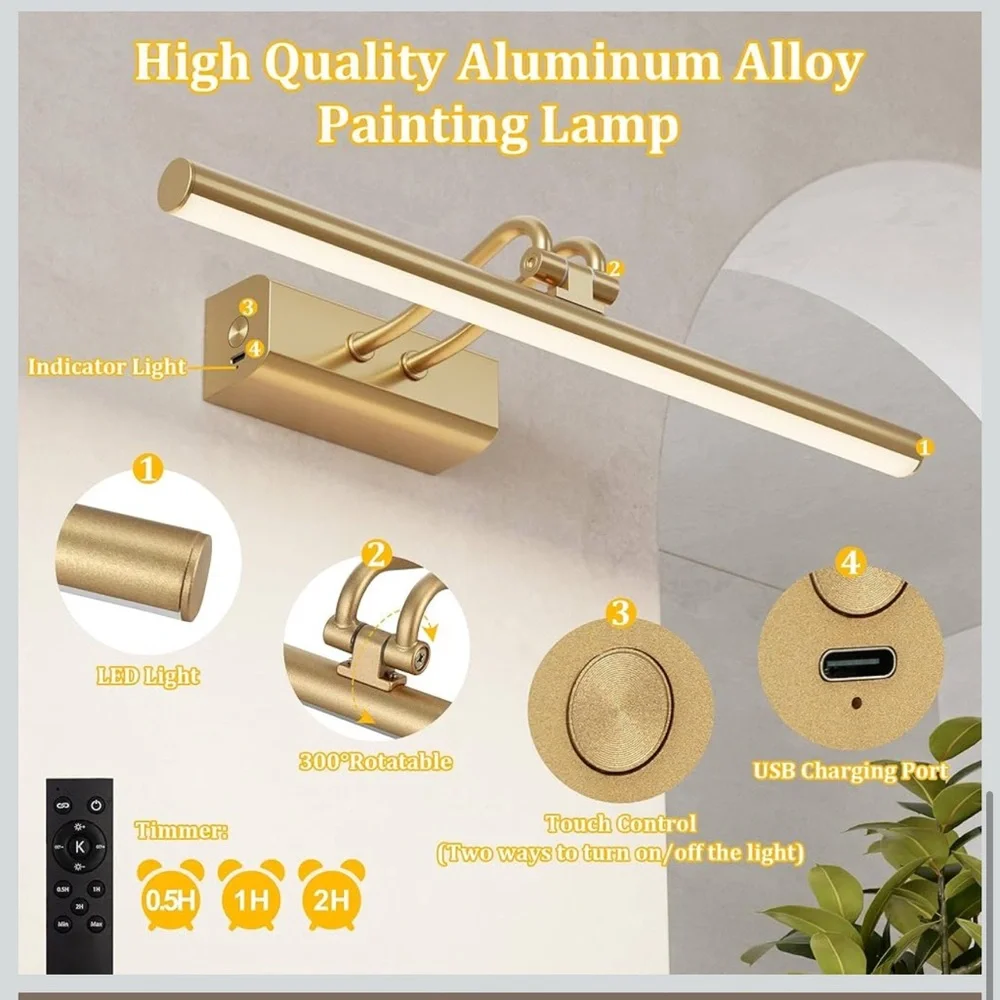 Battery operated picture light for wall 4000mah cordless wall lamp for painting